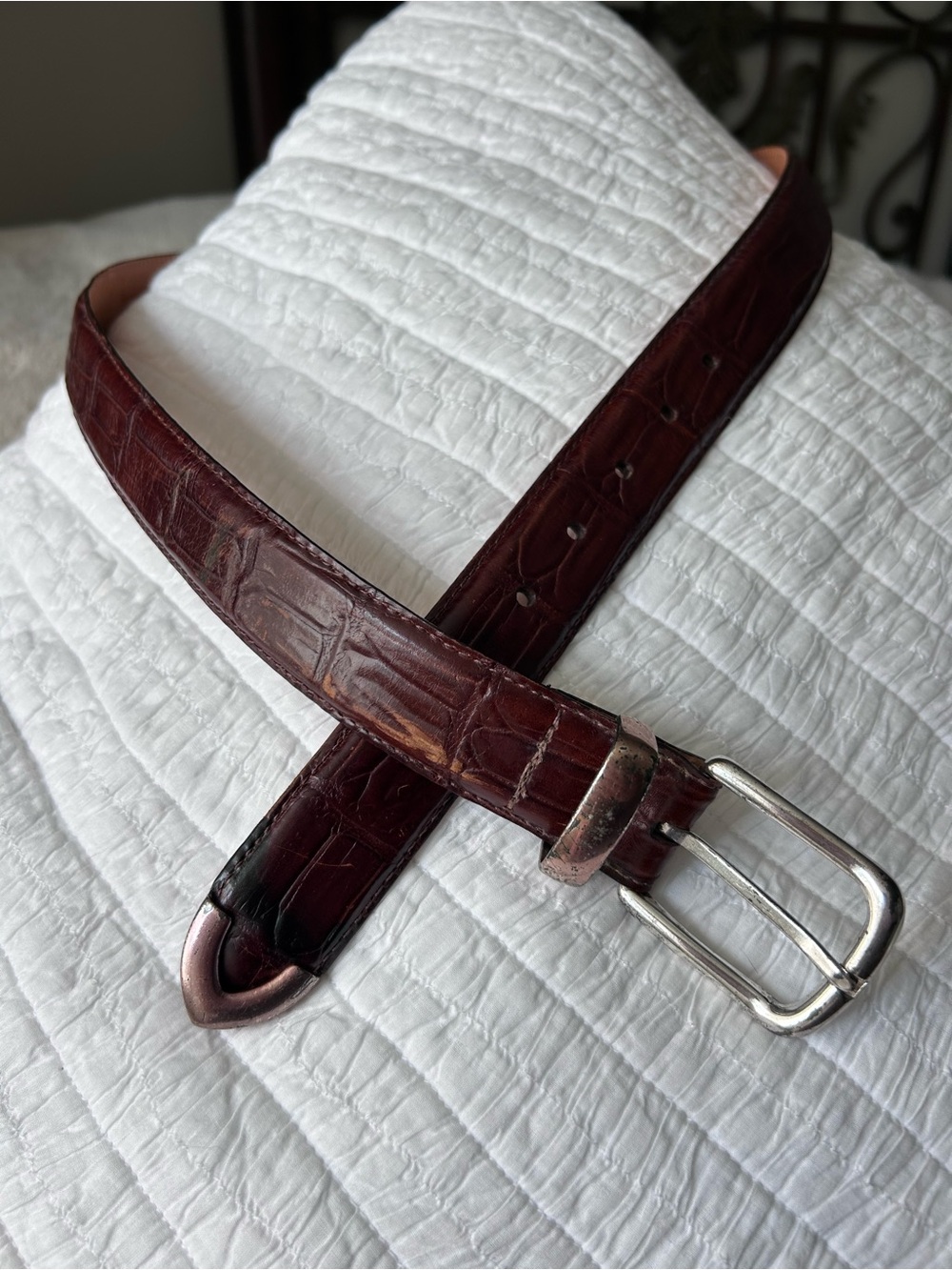 Martin Dingman Alligator Grain  Leather Brown Belt Silver Tone Buckle Size 36